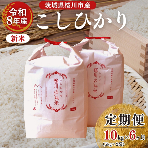 《 令和8年産 》 全6回 定期便 桜川市産 こしひかり 10kg × 6回 新米 先行予約 6ヶ月 茨城県 桜川市 米 お米 白米 コメ ごはん 精米 コシヒカリ 国産 限定 銘柄米 [SC064sa]