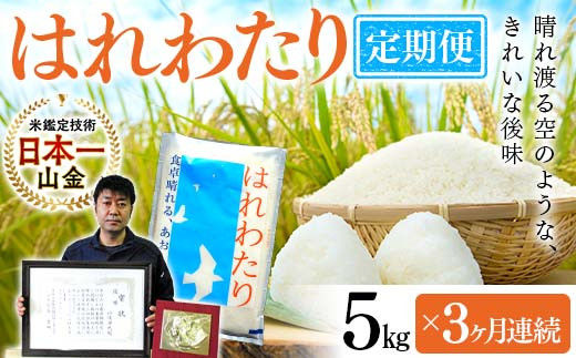 ＜定期便＞【コメ鑑定技術日本一の山金】 はれわたり 5kg×3ヶ月連続（令和7年産） 特A 白米 精米 米 お米 おこめ コメ 東北 青森県 南部町 F21U-663