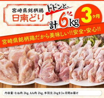 【3ヶ月定期便】宮崎県産若鶏　日南どり　もも肉＆むね肉＆手羽元　計6kg（各2㎏×1） 【 ふるさと納税 鶏肉 鶏 若鶏 もも むね 手羽元 セット 宮崎県産 川南町 おうち時間 おうちごはん 定期便