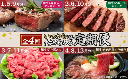 【全4回】水迫畜産の 黒毛和牛 定期便 〈いつからでも始められる〉　K086-T15 肉 牛肉 切落し 切り落とし ヒレ ステーキ A5 ロース すき焼き 赤身 送料無料 鹿児島市 土産 贈り物 プレゼント ギフト