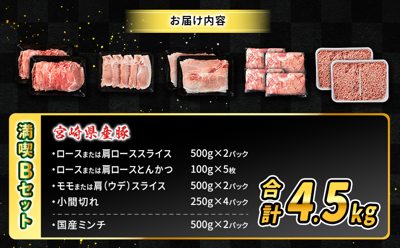 数量限定 ＜満喫Bセット＞ 豚肉 合計4.5kg 国産 ロース 肩ロース スライス モモ ウデ ミンチ ハンバーグ しゃぶしゃぶ 詰め合わせ 大容量 冷凍 小分け 便利 おすすめ 送料無料