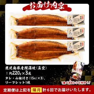 s735 【隔月・定期便6回】＼特大サイズ／ 鹿児島県産 鰻蒲焼真空セット！(計約3.96kg・約220g×3尾×6回) タレ・山椒付！ 鹿児島 九州産 国産 うなぎ ウナギ 鰻 土用の丑の日 蒲焼き