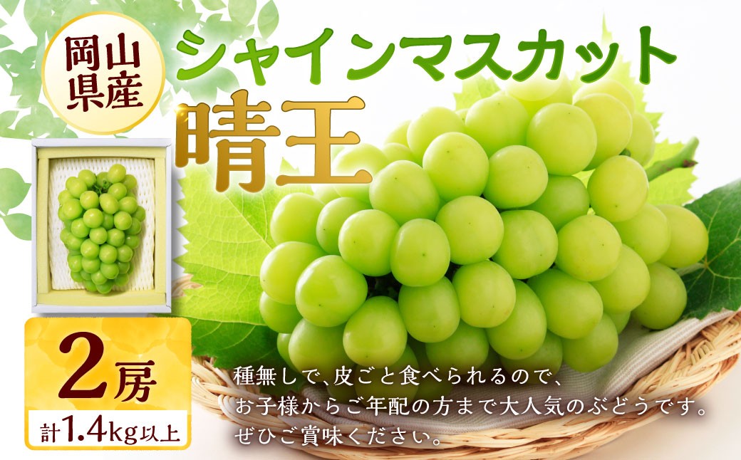 
            ぶどう 2026年 先行予約 シャイン マスカット 晴王 2房 合計1.4kg以上 【2026年9月上旬～10月上旬 発送予定】 マスカット ブドウ 葡萄 岡山県産 国産 フルーツ 果物 環山堂 くだもの お取り寄せ 贈り物 ギフト 国産
          