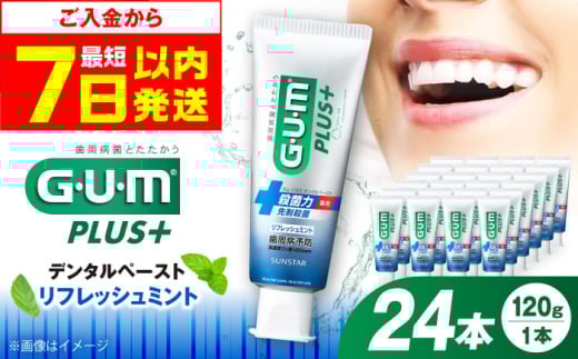 【最短7日以内発送】ガム・プラス デンタルペースト 120g×24本（リフレッシュミント） 歯磨き はみがき ハミガキ 歯磨き粉 歯みがき粉 歯ブラシ ハブラシ 薬用 医薬部外品 歯周病 虫歯 口臭 矯正 大容量 人気 定番 大阪府高槻市/サンスター[AOAD028]