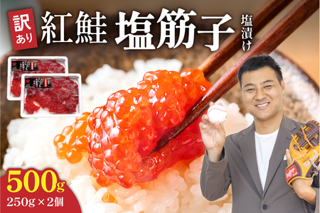 〈5月配送〉訳あり 紅鮭塩筋子500g (250g×2個入）加藤水産 ひとくちカット すじこ 魚卵 海鮮 おかず おにぎりの具 贈答 ギフト 人気 留萌市 R002-005-05