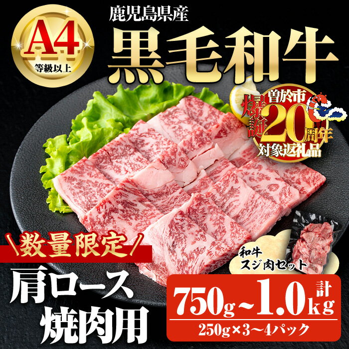 【ふるさと納税】【数量限定】＜内容量が選べる！＞鹿児島県産黒毛和牛A4等級以上肩ロース焼肉用 (合計750g＋和牛スジ肉250g×1P・合計1.0kg＋和牛スジ肉250g×2P) 国産 鹿児島県産 牛 小分け 冷凍 牛肉 黒毛和牛 肩ロース 焼肉【ビーフ倉薗】