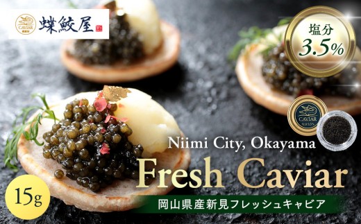 岡山県産 新見 フレッシュキャビア 塩分3.5% 15g (蝶鮫屋)【キャビア 国産 世界三大珍味 珍味 フレッシュチョウザメ 魚卵 岩塩 塩分控えめ 魚介類 濃厚 ギフト 贈答 岡山県】