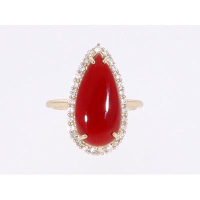 ふるさと納税 山梨県 K18イエローゴールド 血赤 珊瑚 ペアシェイプ しずく ダイヤ リング 11号【RK-9905】