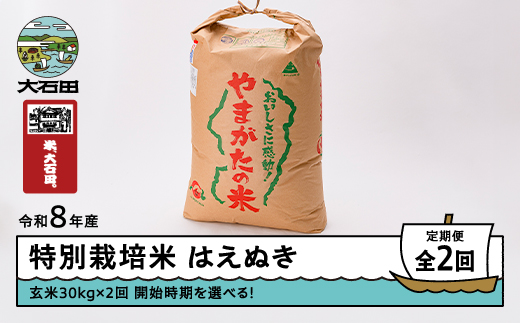 【先行予約】 【玄米2回定期便】 新米 米 はえぬき 30kg 玄米 令和8年産 特別栽培米 2027年2月・2027年5月発送 ※沖縄・離島への配送不可 ja-hagxb30x2-tkk2to5