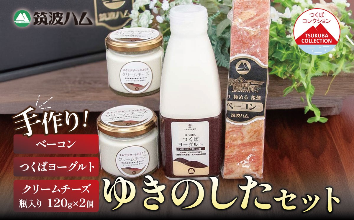 
                  ベーコン230g つくばヨーグルト500ml クリームチーズ120g×2個 つくばコレクション ゆきのしたセット 筑波ハム │ 豚肉 豚 ぶた肉 ポーク ベーコン 燻製 金賞 チーズ クリームチーズ ヨーグルト 詰め合わせ お中元 お歳暮 茨城県 つくば市
                