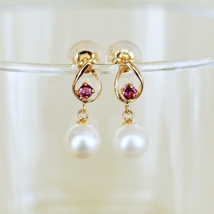 K10YG(10金) イエローゴールド パール & ロードライトガーネット 揺れる シンプル スタッド ピアス  保証書付 SR-2031 242-062-c