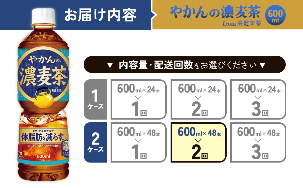 【2回定期便】やかんの濃麦茶 from 爽健美茶 600ml PET×24本（2ケース）合計96本【コカコーラ】 日本茶 お茶 麦茶 ペットボトル カフェインゼロ 常温 送料無料 こども 美容 むくみ