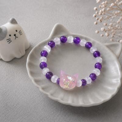 ふるさと納税 奈良市 猫玉ホタルガラスの天然石ブレスレット|アメジスト&amp;キャッツアイ|キッズサイズ