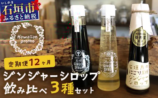 【12カ月定期便】ジンジャーシロップ3本セット飲み?べ 12ケ? 定期便 | 定期便 沖縄県石垣市 沖縄 沖縄県 琉球 八重山 八重山諸島 石垣 石垣島 送料無料 ?垣島産?姜 生姜 シロップ ジンジャー ジンジャーシロップ グラニュー糖 黒糖 砂糖 ?唐?? 果汁 塩 ?垣の塩 レモングラス レモン フルーツ ミント  ギフト 国産 飲み比べ HW-2