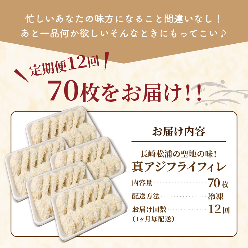 【全12回定期便】「アジフライの聖地 松浦」真アジフライフィレ(14枚)×5P【1ヶ月毎配送】（ アジ フライ 大容量 お惣菜 アジフライ 定期便 ）【999-0020】