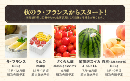 【ふるなびWEEK対象】【全5回】フルーツ定期便 さくらんぼ佐藤錦 尾花沢スイカ 桃 ラ・フランス りんご 令和8年産 ns-ft5xx-s-b-navi FN-Limited-WE