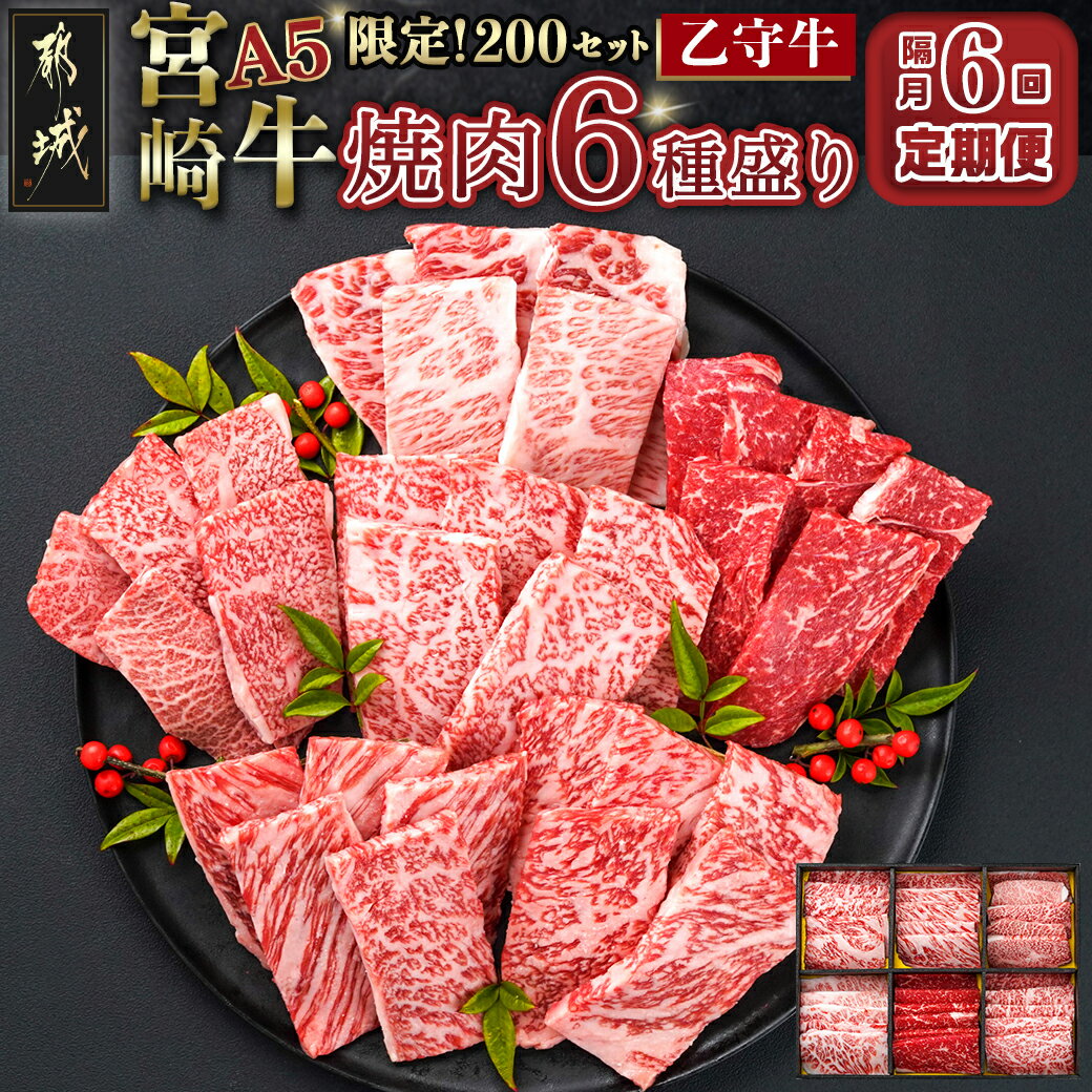 【ふるさと納税】≪限定200セット≫隔月6回お届け！【宮崎牛A5】焼肉6種盛り(乙守牛) - 都城産宮崎牛 A5ランク 焼肉6種盛 ロース/肩ロース/ウデ/バラ/モモ赤身/モモ霜降り 部位 食べ比べ お肉の定期便 送料無料 T192-6-6501 【宮崎県都城市は2年連続ふるさと納税日本一！】