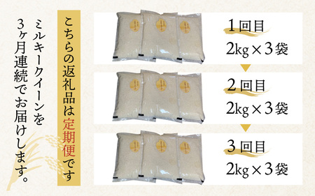 【定期便3回】【令和5年産】ミルキークイーン 2kg×3（計6kg）精米《お米マイスターが発送直前に精米！》 / 北陸 福井県産 あわら市産 ブランド米 ご飯 白米 新鮮 人気の米