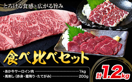 あか牛 サーロイン肉 1kg・馬刺し 200g 食べ比べセット 計1.2kg 合同会社たべたせいか《30日以内に出荷予定(土日祝除く)》牛肉 和牛 ステーキ用サーロイン肉 サーロイン 馬肉 赤身 霜降