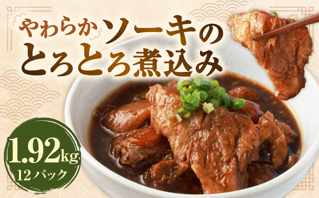
            【訳あり】 やわらかソーキのとろとろ煮込み 160g×12パック （計1.92kg） ／ ソーキ 豚肉付き軟骨 お肉 肉 豚肉 軟骨 豚バラ 煮込み 煮込 甘辛 とろとろ 惣菜 総菜 おかず おつまみ ご飯のお供 国産 熊本県 水上村 冷凍
          