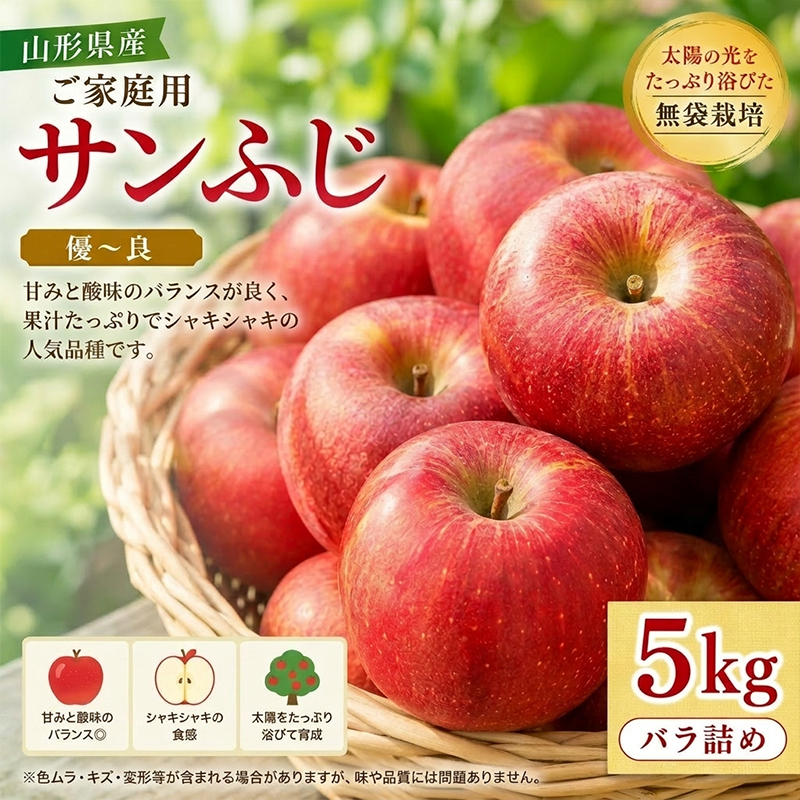 【ご家庭用】 山形産 サンふじりんご 5kg バラ 優～良 無袋