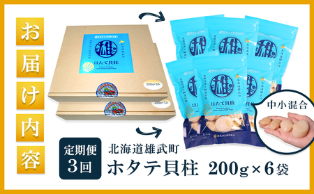 【定期便3回】　北海道雄武町産ほたて貝柱 中小混合 200g×6 (冷凍) 使い切りパック【07142】