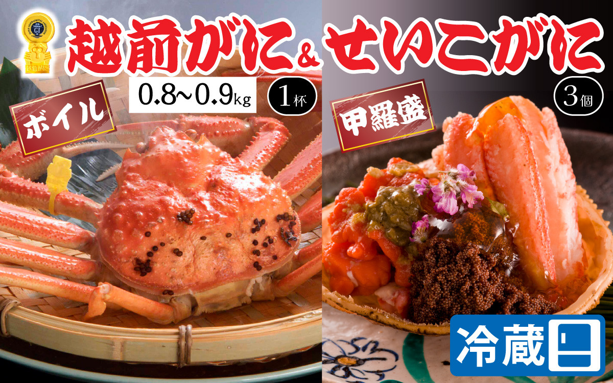 
                  【先行予約】【蟹問屋 越前田村屋 究極の逸品】越前がに（ズワイ）0.8-0.9kg 1杯 + セイコがに甲羅盛 3個セット  [J-029019] / 福井県 福井 オス 雄 メス 雌 ズワイガニ ボイル 冷蔵 越前ガニ 越前がに 越前カニ ずわいがに ずわい蟹 かに カニ 蟹 茹で 姿 せいこがに
                