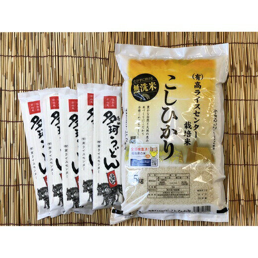 【ふるさと納税】【先行予約】無洗米 コシヒカリ 5kg + 多珂うどん(細) 5束セット｜令和7年産 無洗米 ブランド米 うどん 詰め合わせセット 福島県産 南相馬市産 高ライスセンター【53845-003-03】