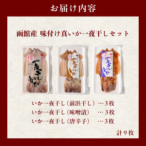 一夜干し いか 計9枚 セット 函館産 前浜干し 味噌漬 唐辛子 冷凍 冷風乾燥 おつまみ 炙って 醤油 マヨネーズ バター炒め 磯辺揚げ 大根と煮て 味噌炒め マリネ 竜田揚げ 北海道 函館 イチヨ
