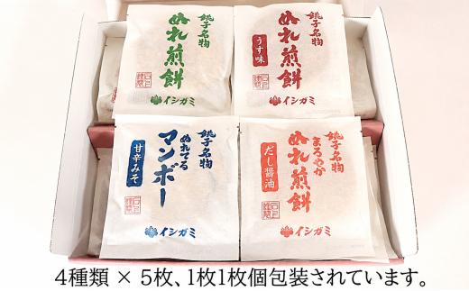 千葉県 銚子市 名産 ぬれせんべい 詰合せ 20枚 4種 各5枚 ぬれ煎餅 ぬれ煎餅 濃い口 うす味 ぬれてるマンボー まろやかぬれ煎餅  せんべい 煎餅 国産 うるち 米 あられ おかき おつまみ おやつ 和菓子 お土産 贈答用 贈答 ギフト プレゼント 送料無料 せんべい 煎餅 銘菓 イシガミ