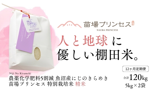 【令和8年産先行予約】【12ヶ月定期便】【農薬化学肥料5割減】魚沼産にじのきらめき苗場プリンセス特別栽培米 精米10kg(5kg×2)計120kg | 苗場プリンセス米 おすすめ 人気ギフト 新潟県 津南町