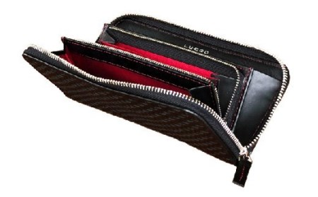 LUEGO山形牛革 ラウンド長財布／ブラック×レッド F2Y-3664