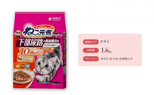 ねこ元気 下部尿路の健康維持用 10歳頃から まぐろ・かつお・白身魚入り 1.6kg×6袋 ペットフード キャットフード 猫のごはん 猫用フード 猫 ペット ドライ ユニ・チャーム ペット ユニ・ケアー [№5275-0483]