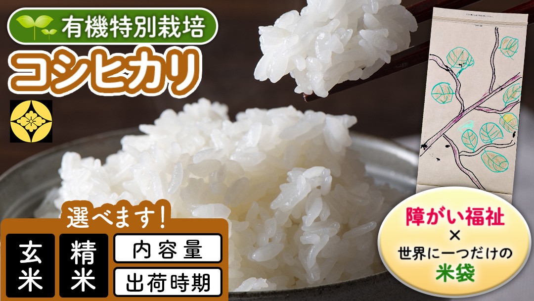 
                  ＼選べる・発送時期・精米種別・内容量／【 障害福祉 × 世界に一つだけの 米袋 ！】 精米 玄米 5kg 10kg 三百年続く農家の 有機特別栽培 コシヒカリ 米 支援 こめ コメ 有機栽培 こしひかり 新生活 プレゼント 新生活応援 必要なもの 便利 おすすめ 消耗品 一人暮らし 二人暮らし 必要
                