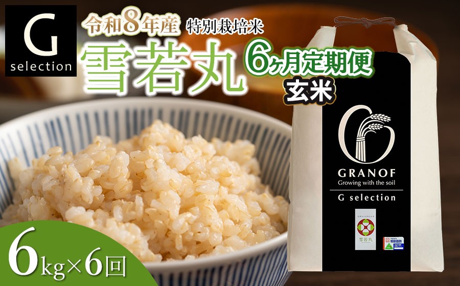 
                  【令和8年産 新米】【定期便6ヶ月】 特別栽培米 Gセレクション 雪若丸 【玄米】6kg (6kg×1袋)×6ヶ月 山形県鶴岡市産　株式会社グラノフ
                