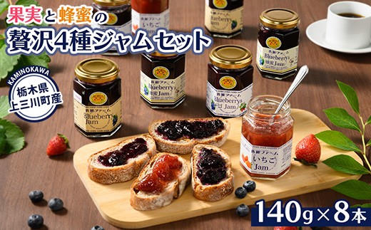 
            果実と蜂蜜の贅沢4種ジャムセット（いちご・ブルーベリー・蜂蜜ブルーベリー・ブルーベリー&イチゴ 各2本）　※離島への配送不可
          
