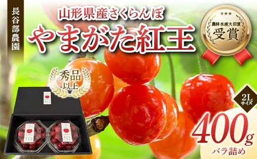 
            【希少数量限定】農林水産大臣賞受賞 長谷部農園 やまがた紅王 400g バラ詰め 秀品以上 2Lサイズ 桜桃 山形県産 さくらんぼ 《先行予約2026年度6月発送開始》 FSY-2258
          