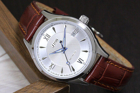 JIOS SEIRAN 日本製 自動巻き腕時計 メンズ 男性用 革ベルト ブランド ドレスウォッチ ジオス シルバー文字盤 × 青針 クロコ型押しベルト（ブラウン）