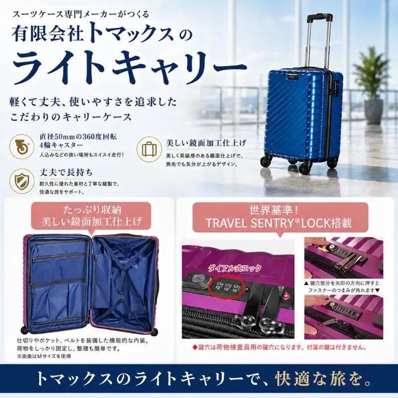TOMAXライトキャリー小型パープル 3.1kg ／ スーツケース 小型キャリー 軽量キャリーケース 4輪キャスター TSAロック 旅行かばん 機内持ち込みサイズ 出張用 ハードケース トラベルグッズ
