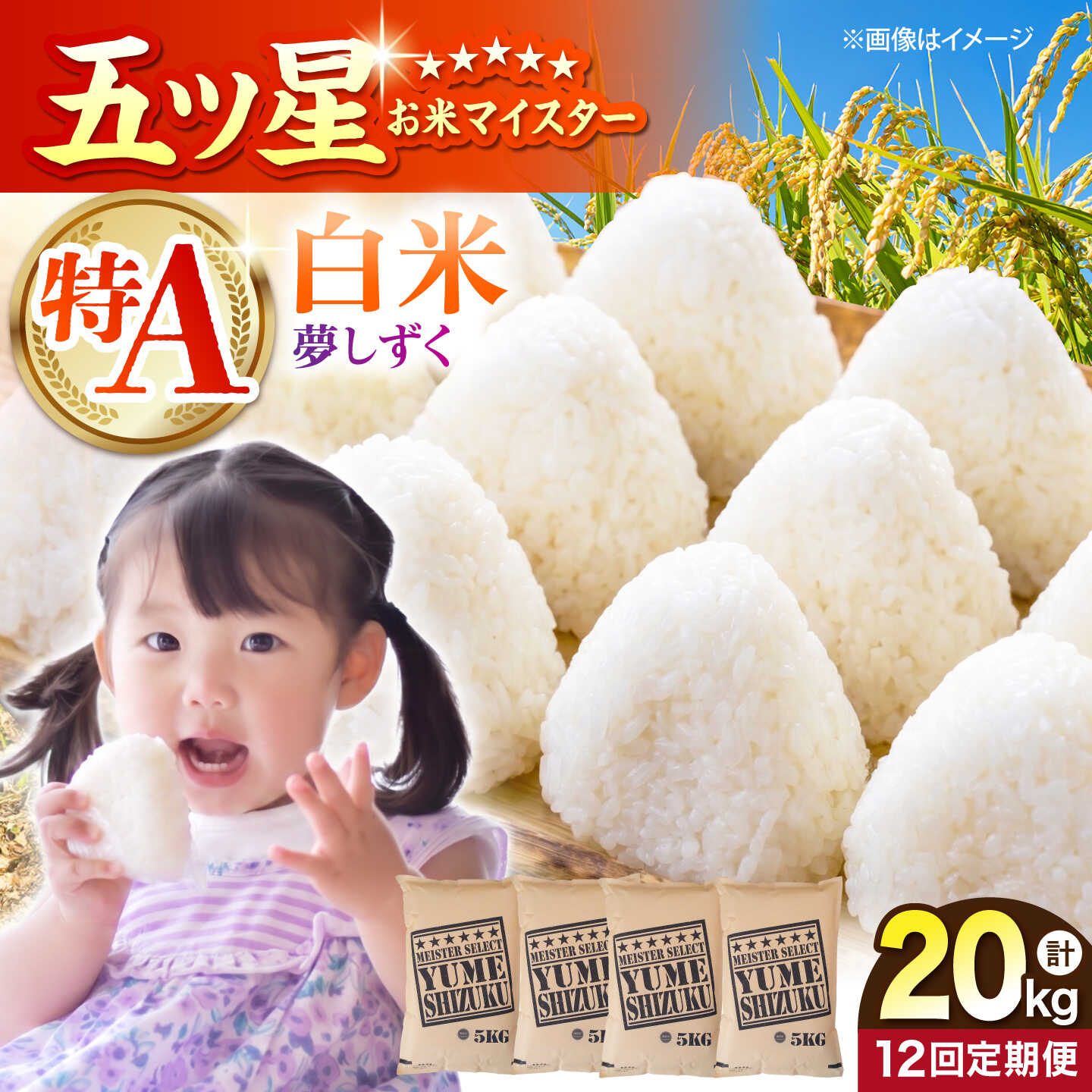 【ふるさと納税】【全12回定期便】 夢しずく 白米 20kg（5kg×4袋）【五つ星お米マイスター厳選】特A米 特A評価[HBL139]