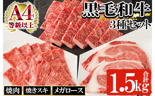 
鹿児島県産 黒毛和牛 3種盛り合わせ Bセット 1500g（メガロース肉 500g・焼肉用赤身肉 500g・焼きスキロース肉 500g）自家製割り下付き！A4等級以上 詰合せ 冷凍 国産 鹿児島県産 黒毛和牛 食べ比べ 【C-123H】
