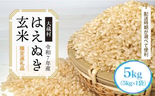 ■数量限定返礼品■ ＜令和7年産 大蔵村 はえぬき＞【玄米】 5kg （5kg×1袋）＜配送時期が選べて便利＞　