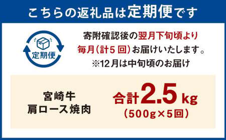【5ヶ月定期便】＜宮崎牛肩ロース焼肉 500g（1パック：500g×5回）＞ お申込みの翌月下旬頃に第一回目発送（12月は中旬頃）【c1375_mc_x3】 牛肉 お肉 肉 和牛 新生活応援 卒業祝い