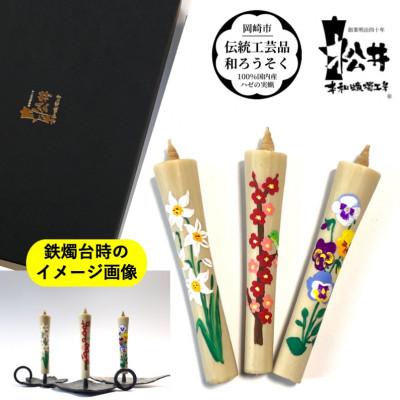 ふるさと納税 岡崎市 国内産ハゼの実蝋を100%使用　【春セット】岡崎手描き絵ろうそくイカリ型4匁　季節の花3本(黒箱入) |  | 01