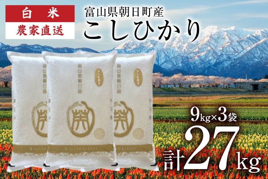 
            【期間限定発送】 米 令和7年産 こしひかり 精米 計27kg 9kg 3袋 [クリーンみず穂 富山県 朝日町 34310535] お米 コシヒカリ コメ 27キロ ご飯 ごはん 白米 産地直送 一等米 おこめ こめ
          