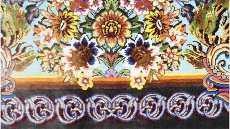 【限定1品】 絨毯 シルク100％ 手織り ラグマット カーペット／ 高級 玄関マットサイズ 90×59cm 高品質 じゅうたん ラグ （FS-2108) 青 植物 花柄 鳥   エントランスマット 