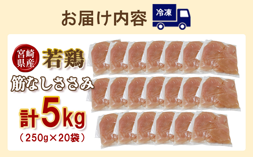 宮崎県産 若鶏筋なしささみ 5kgセット (250g×20袋) 鶏肉 ささみ 鶏ささみ 小分け 真空パック タンパク質 チキン冷凍 国産 宮崎県産 九州 送料無料