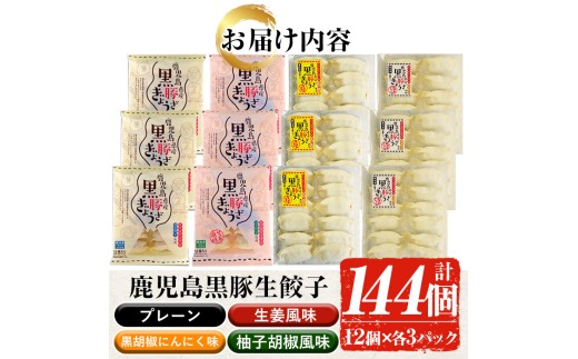 餃子 144個 12個×3パック×4種 食べ比べ 鹿児島 黒豚 国産 冷凍 食品 惣菜 小分け 詰め合わせ 大容量 生餃子【01-008-10】