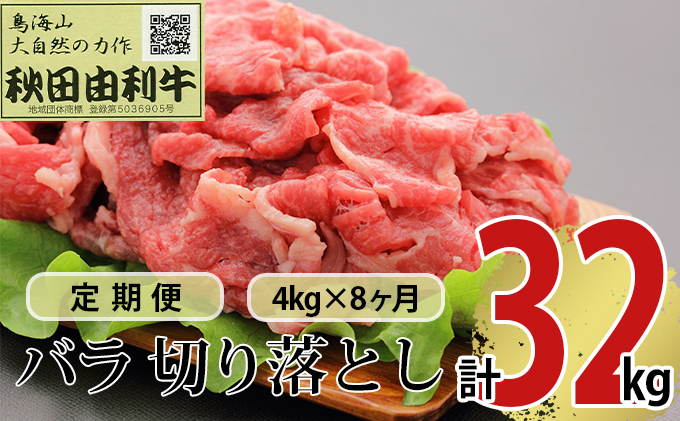 
《定期便》8ヶ月連続 秋田由利牛 バラ切り落とし 4kg（1kg×4パック）
