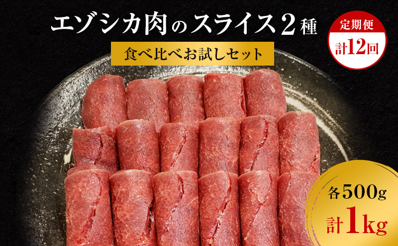 【12か月定期便】エゾシカ肉のスライス2種食べ比べお試しセット(計1kg) 南富フーズ株式会社 鹿肉 ジビエ 鹿 詰め合わせ 肉 北海道 南富良野町 エゾシカ セット 詰合せ 食べ比べ